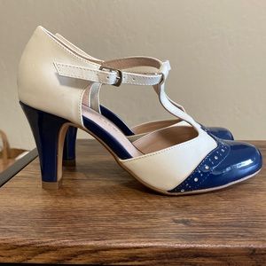 Chelsea Crew Blue and Navy Vintage Style T-Strap Heel Sz 36